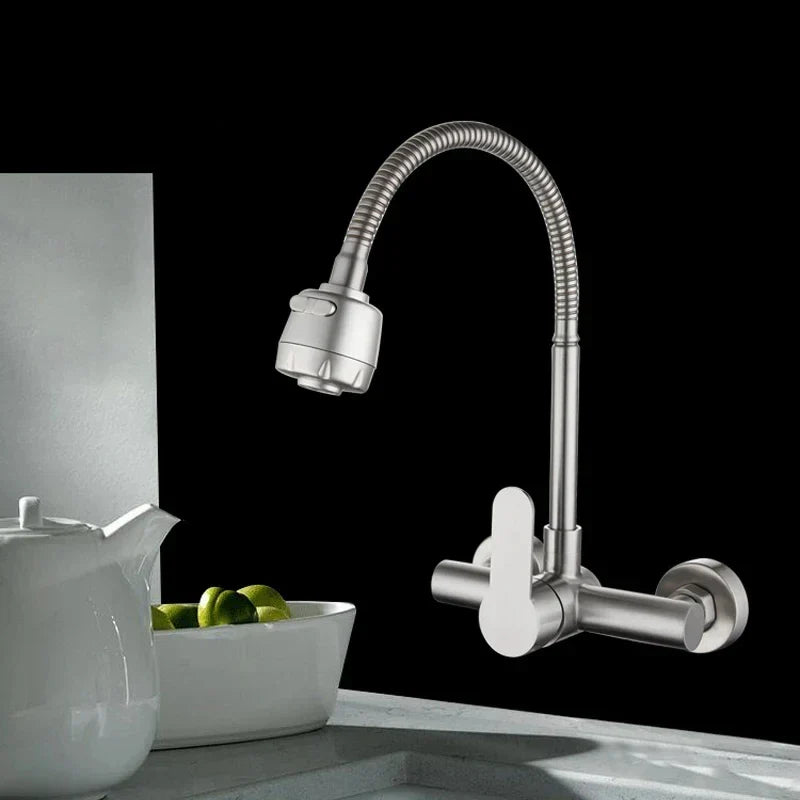 Wall-Mounted Kitchen Faucet Stainless Steel 360° Swivel Single Handle