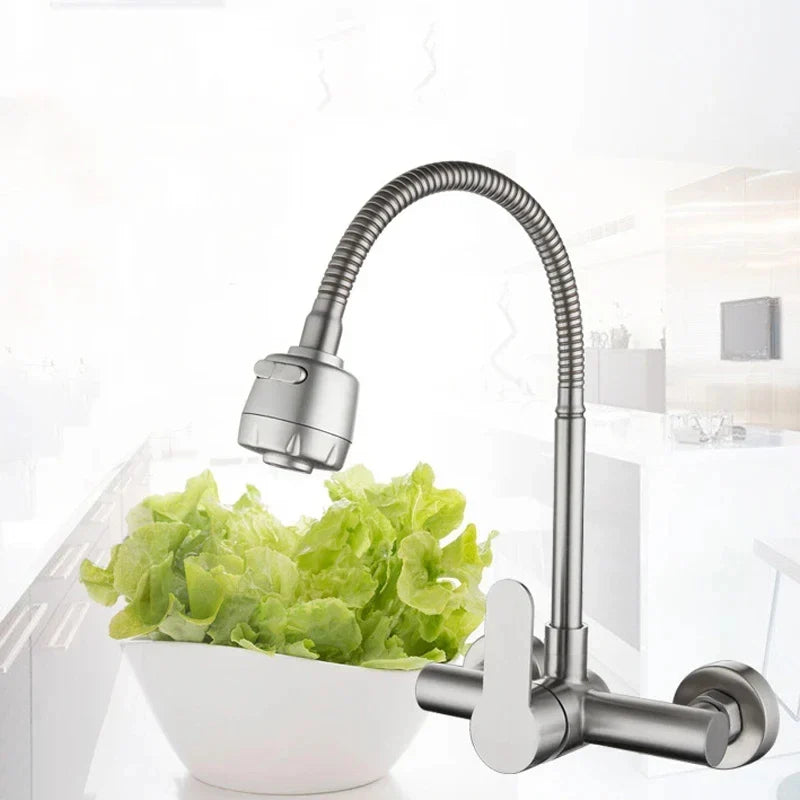 Wall-Mounted Kitchen Faucet Stainless Steel 360° Swivel Single Handle