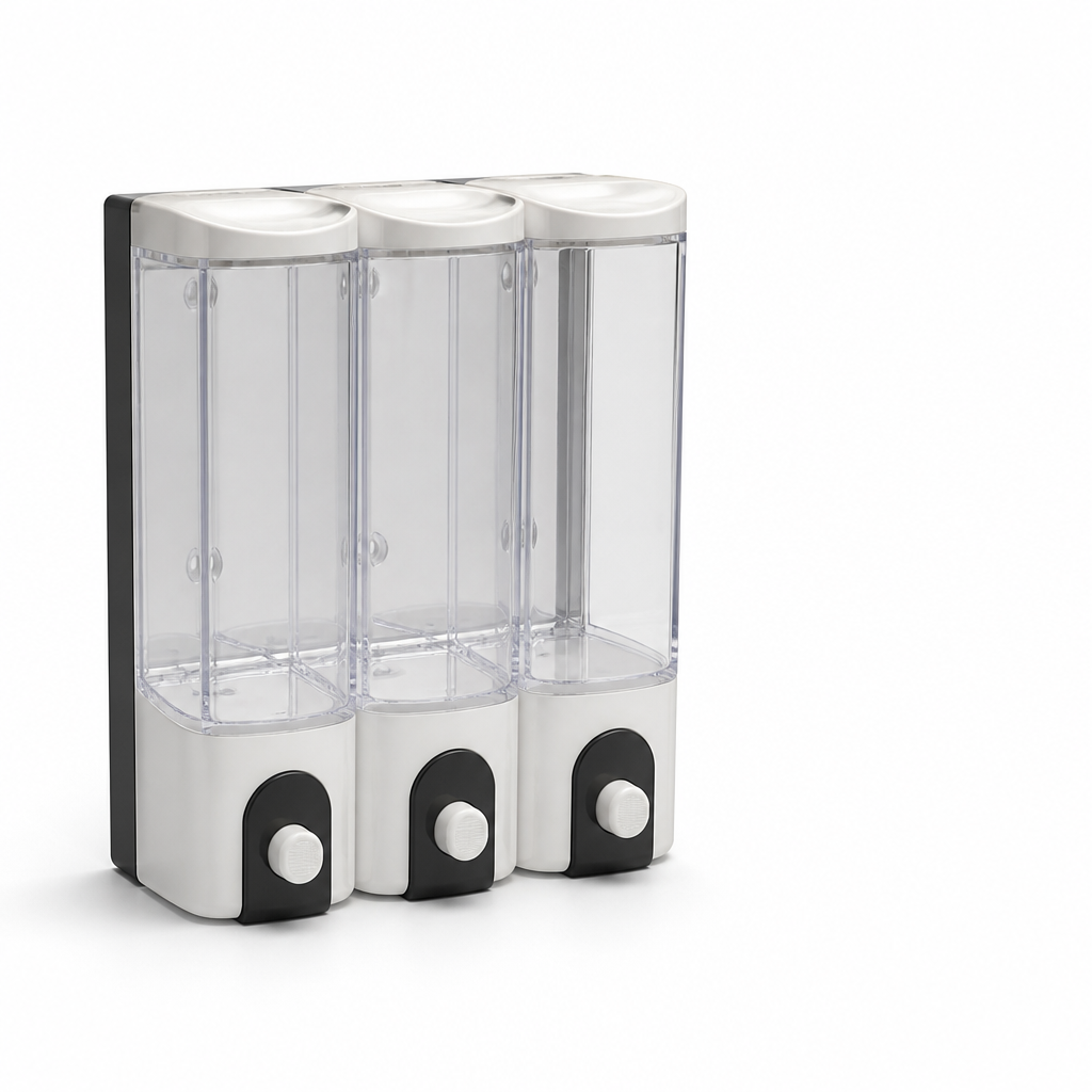 Wall-Mounted Pump Dispensing Clear Front Window Shower Dispenser (3-Chamber Refill)