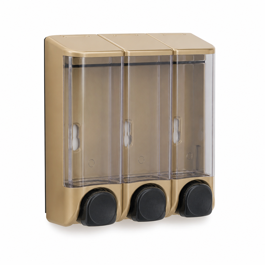 Wall-Mounted Pump Dispensing Clear Front Window Shower Dispenser (3-Chamber Refill)