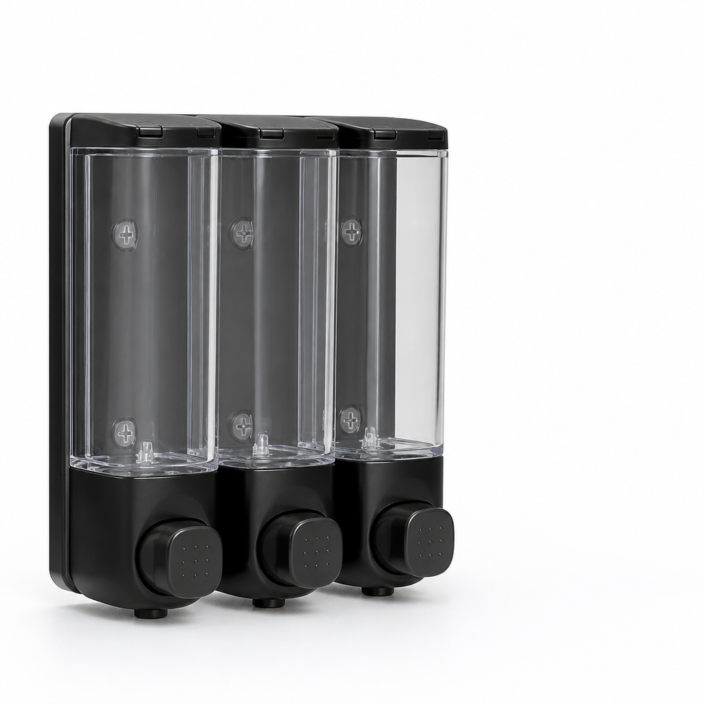 Wall-Mounted Pump Dispensing Clear Front Window Shower Dispenser (3-Chamber Refill)
