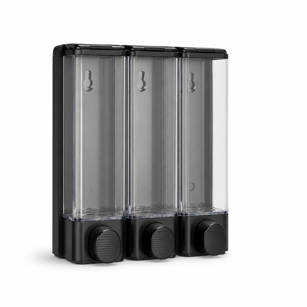 Wall-Mounted Pump Dispensing Clear Front Window Shower Dispenser (3-Chamber Refill)
