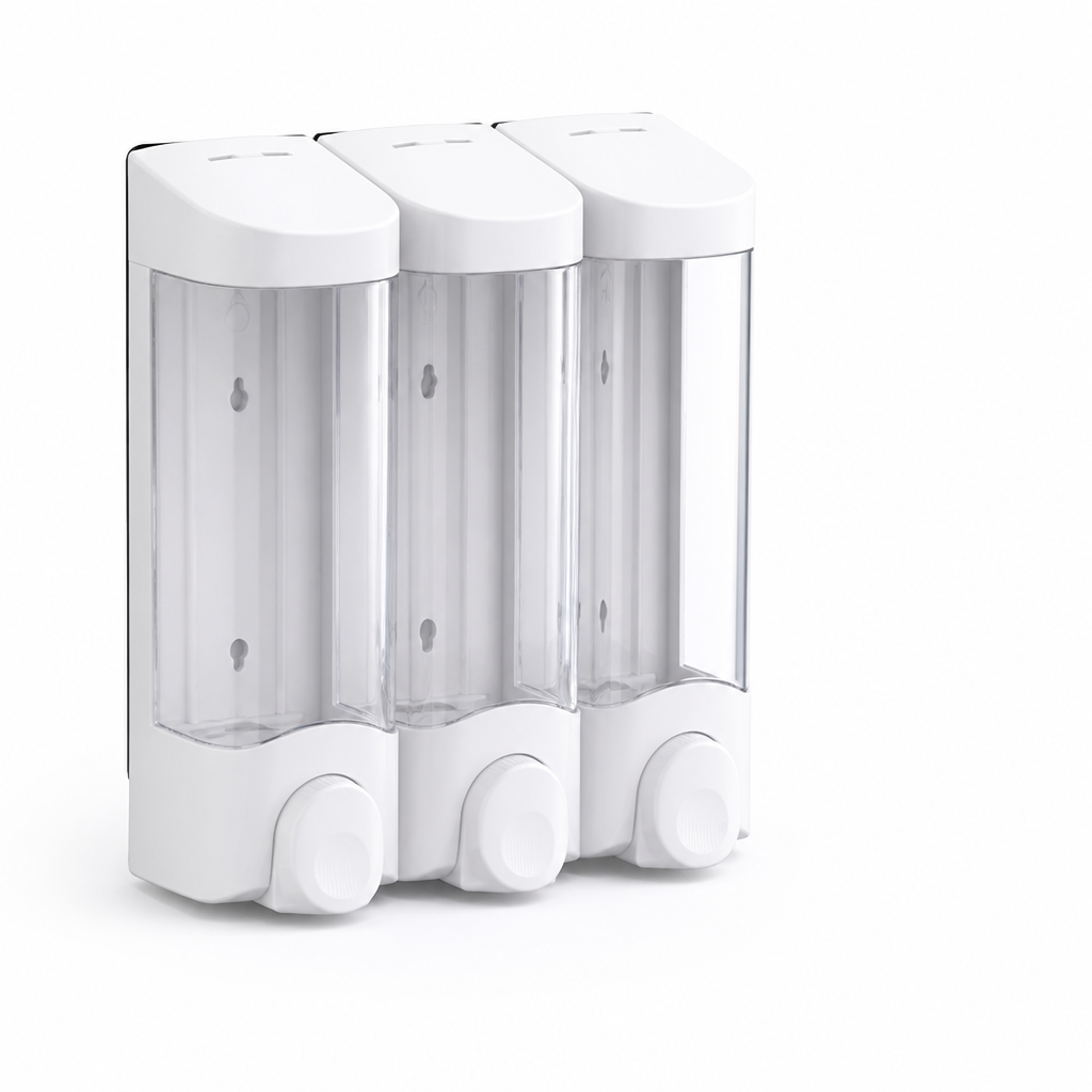 Wall-Mounted Pump Dispensing Clear Front Window Shower Dispenser (3-Chamber Refill)