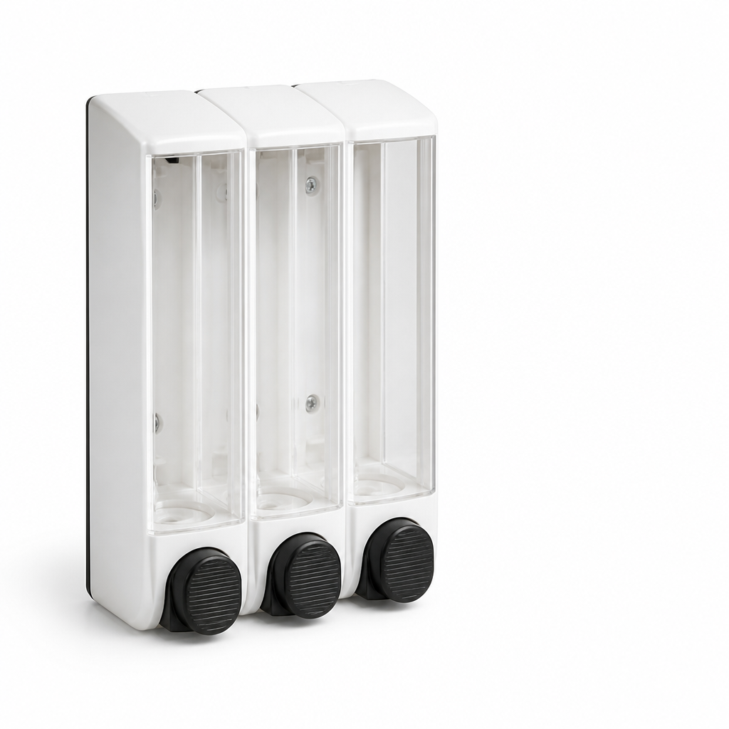 Wall-Mounted Pump Dispensing Clear Front Window Shower Dispenser (3-Chamber Refill)