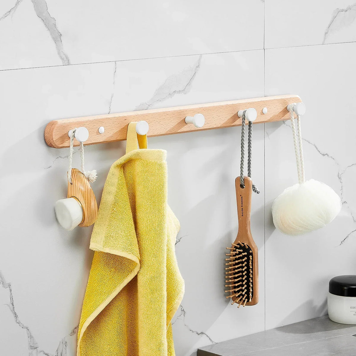 Wall Rack Black Wood 5 Hooks Space Saving