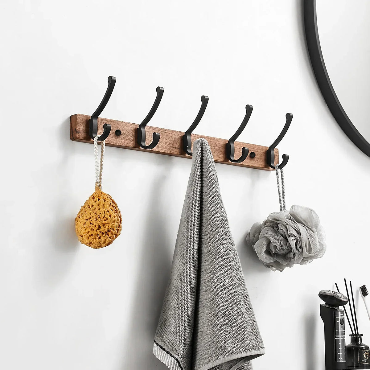Wall Rack Black Wood 5 Hooks Space Saving