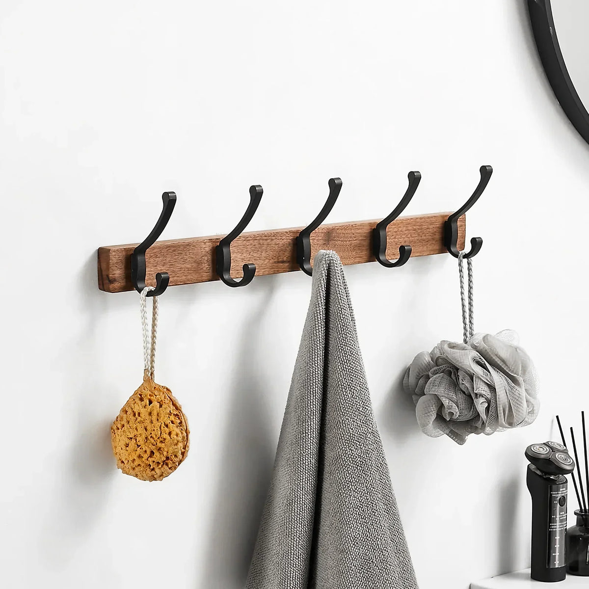 Wall Rack Black Wood 5 Hooks Space Saving