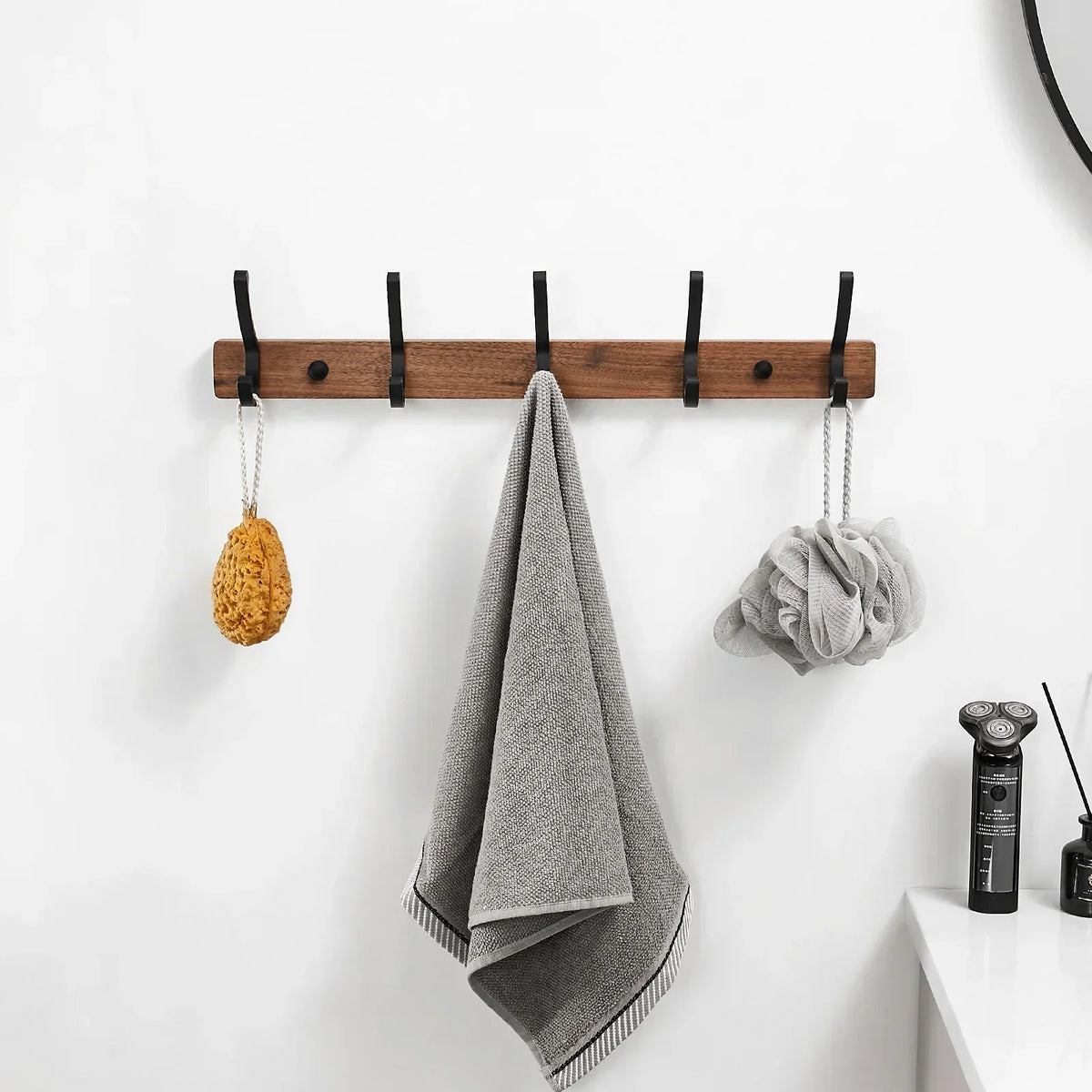 Wall Rack Black Wood 5 Hooks Space Saving