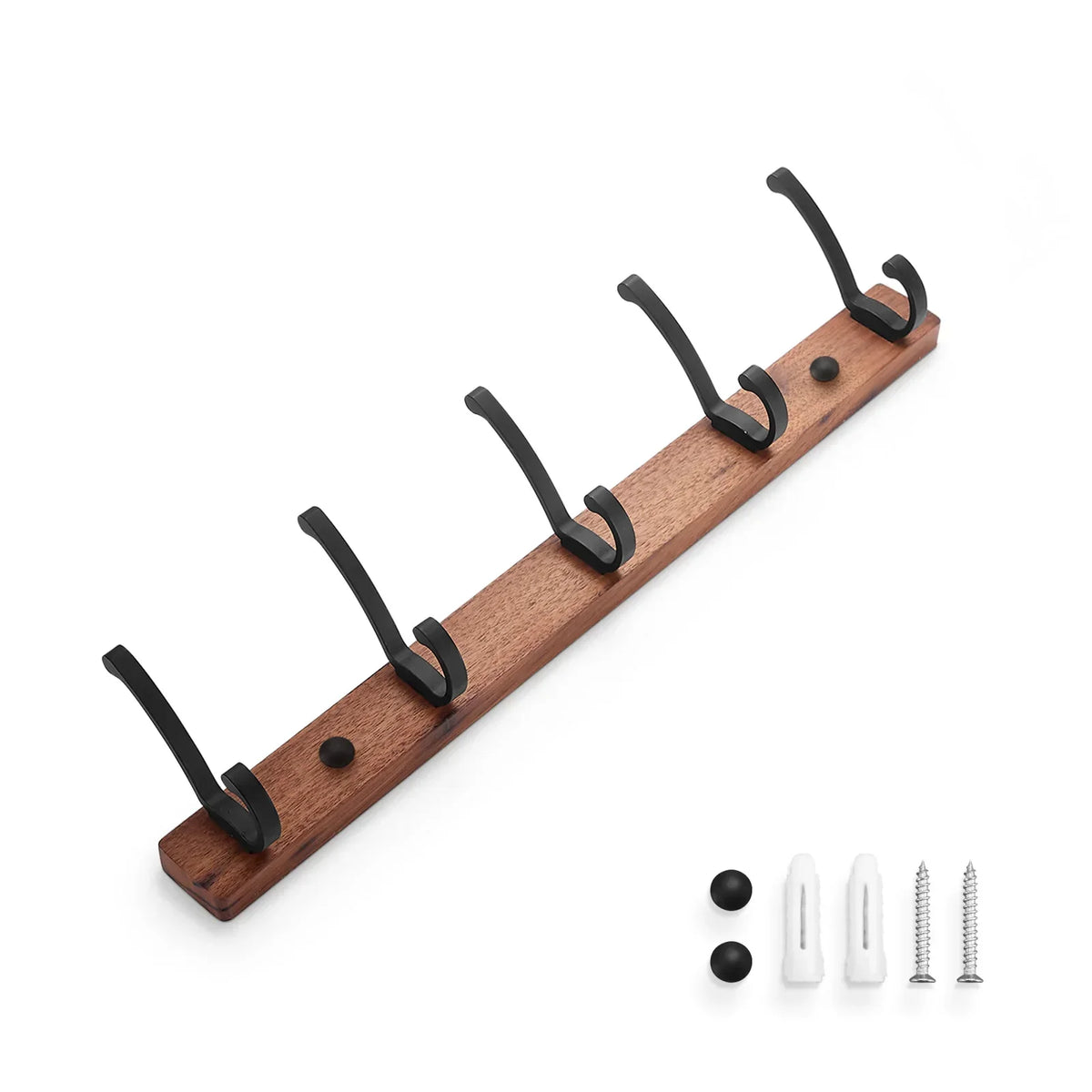 Wall Rack Black Wood 5 Hooks Space Saving