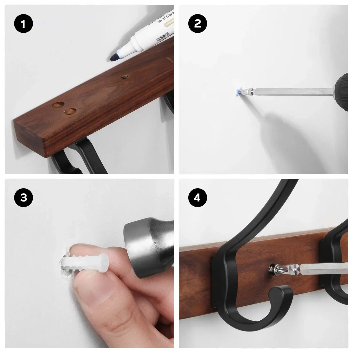 Wall Rack Black Wood 5 Hooks Space Saving