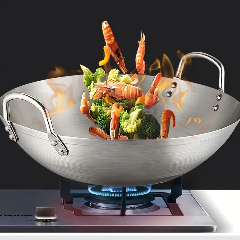 Wok Thick Uncoated Stainless Steel Dual Handles