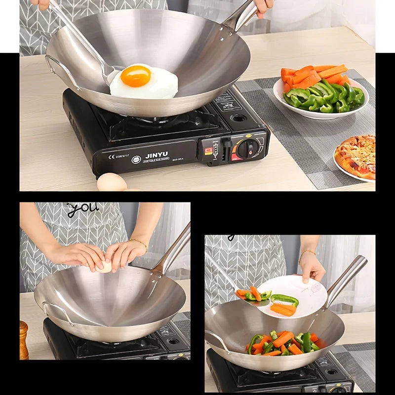 Wok Thick Uncoated Stainless Steel Dual Handles