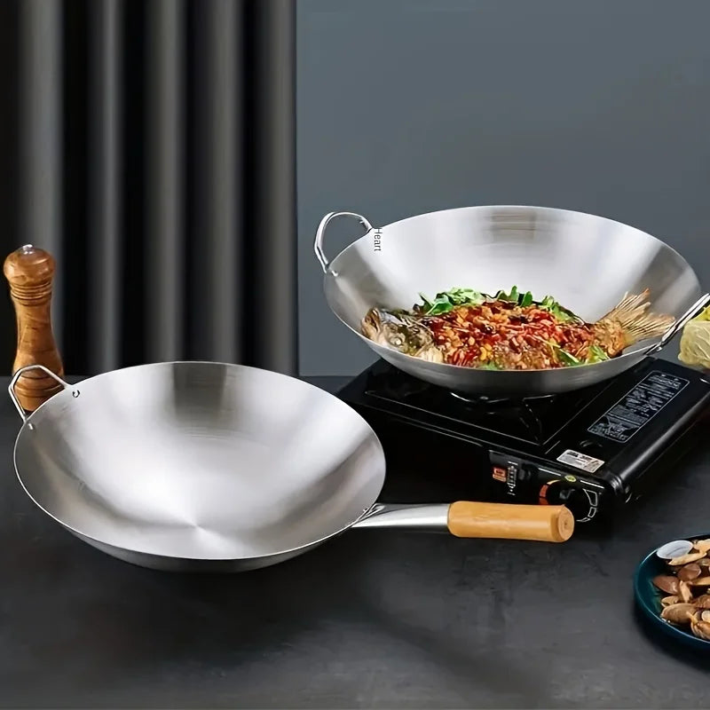 Wok Thick Uncoated Stainless Steel Dual Handles